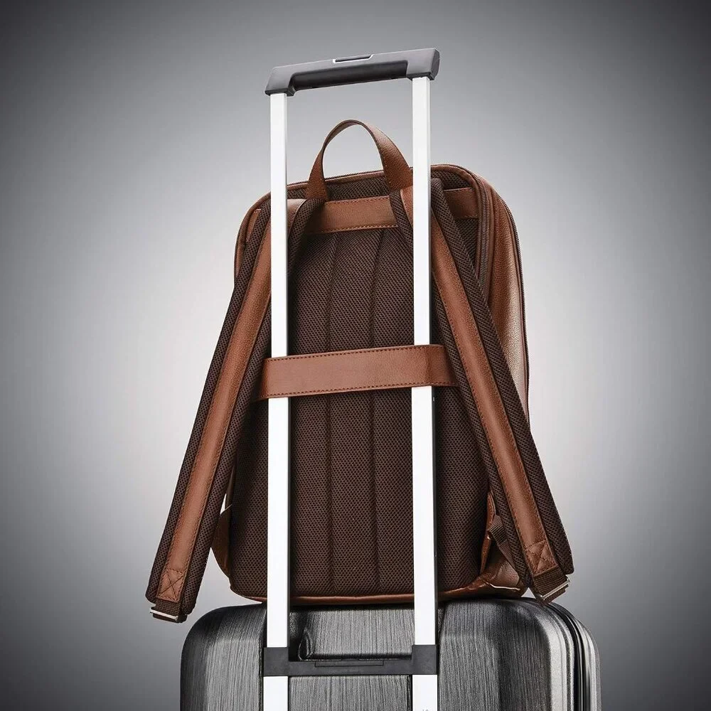 Men's Cognac Classic Leather Slim Imported Zipper Nylon Laptop Pocket Backpack